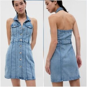 GAP, Button Front Denim Halter Medium Wash Blue Washwell Jean Dress, Size 18